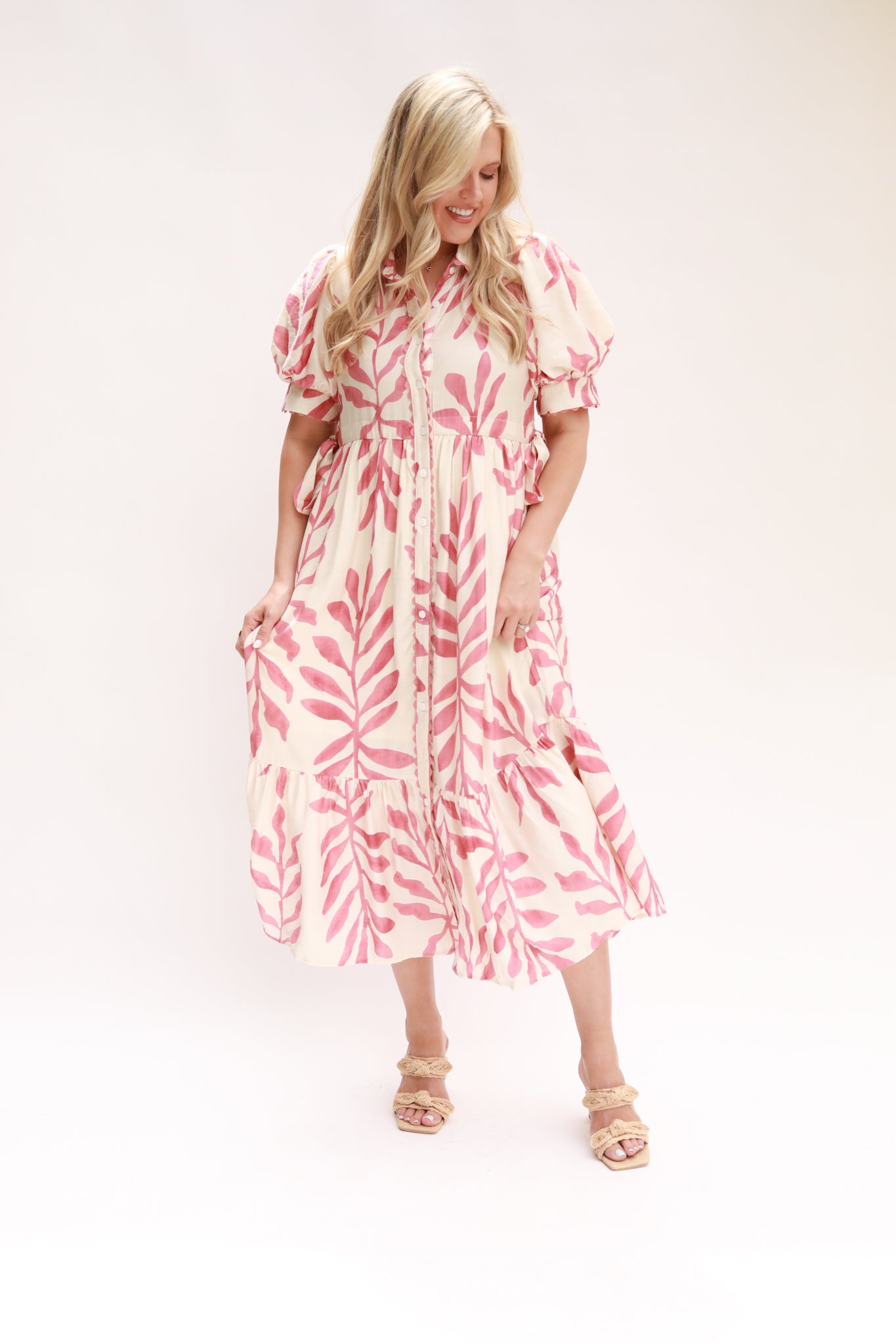 Leaf Print Button Down Midi Dress