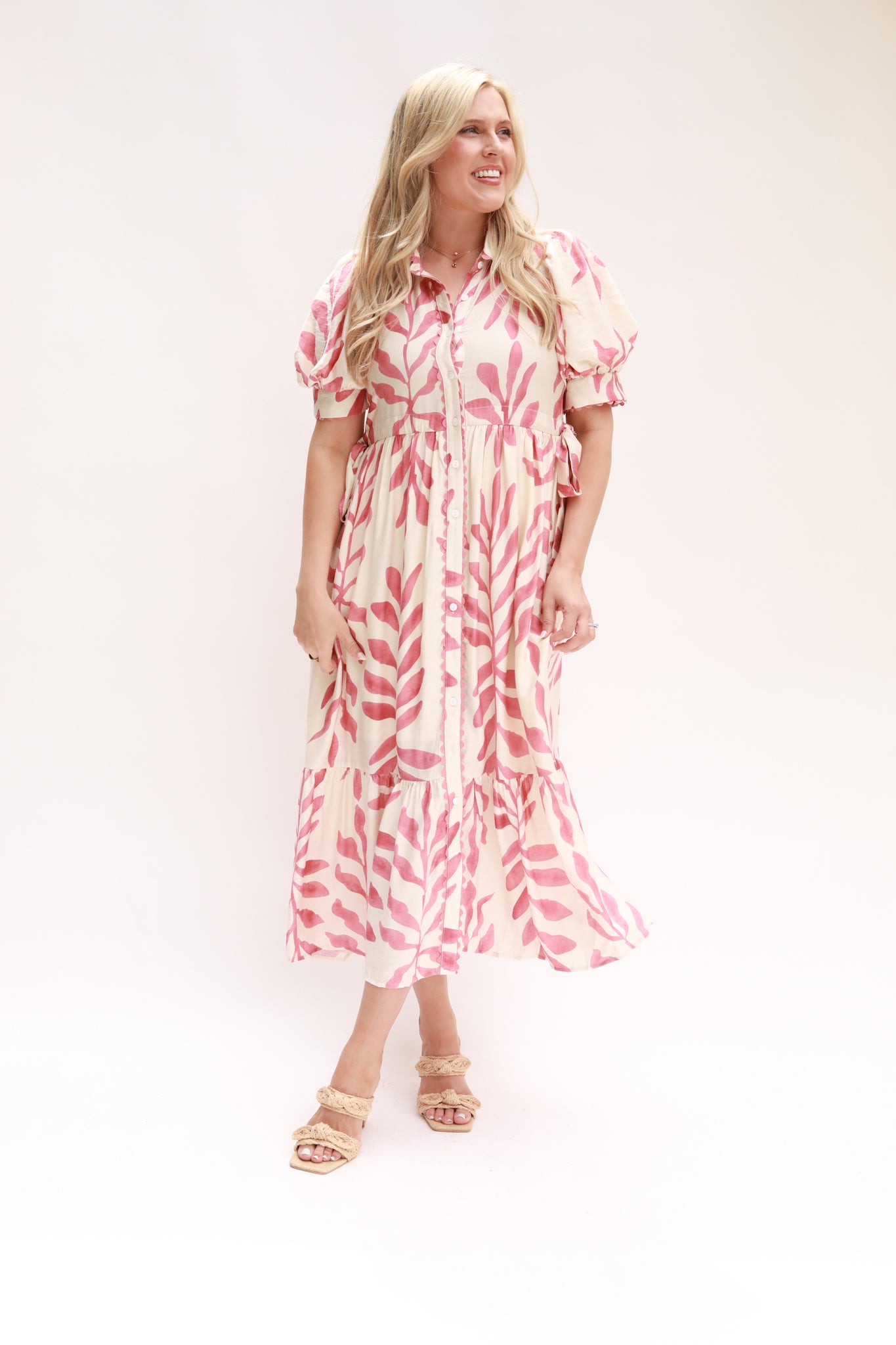 Leaf Print Button Down Midi Dress
