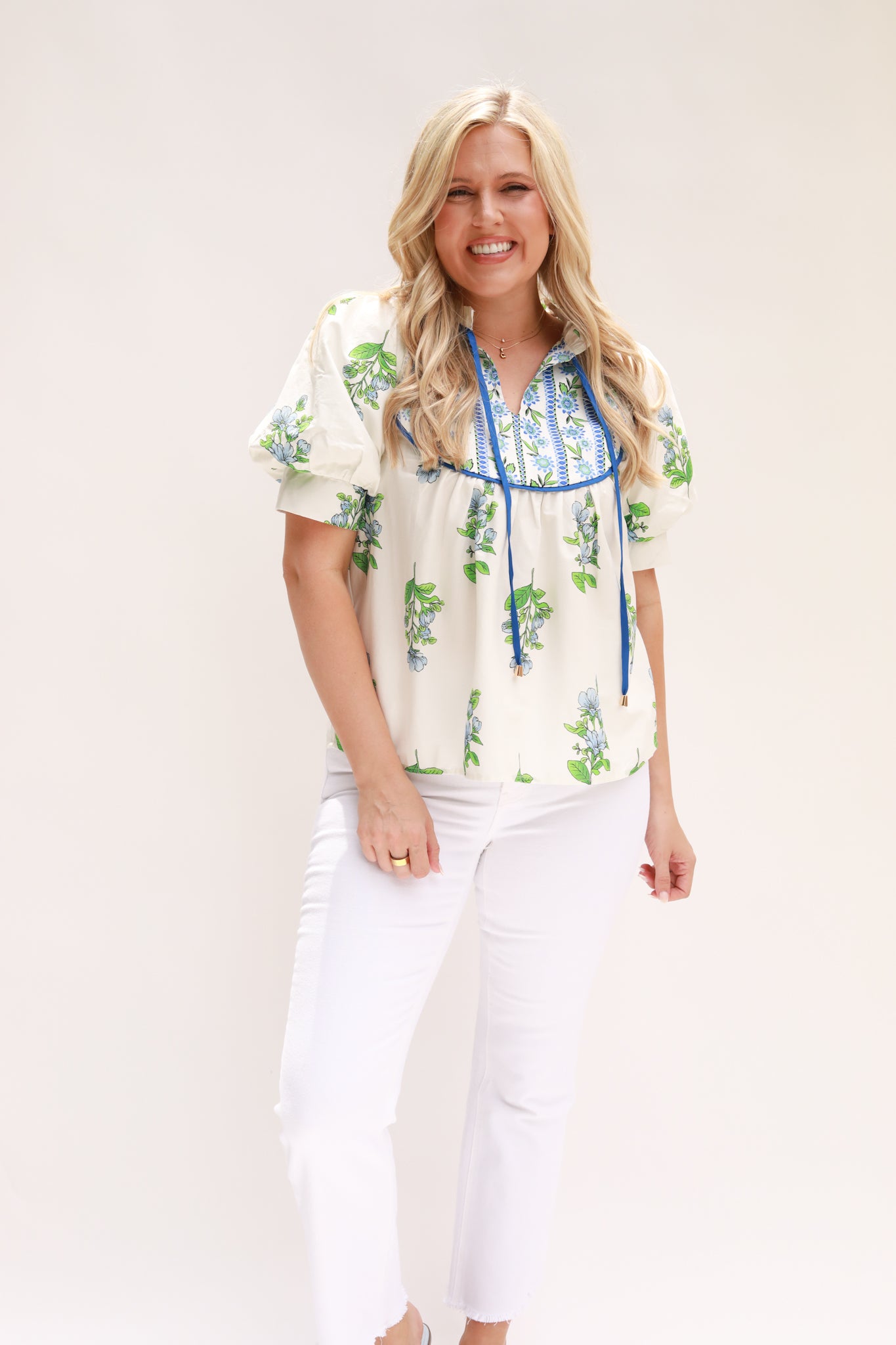 Mix Print Tie Neck Top