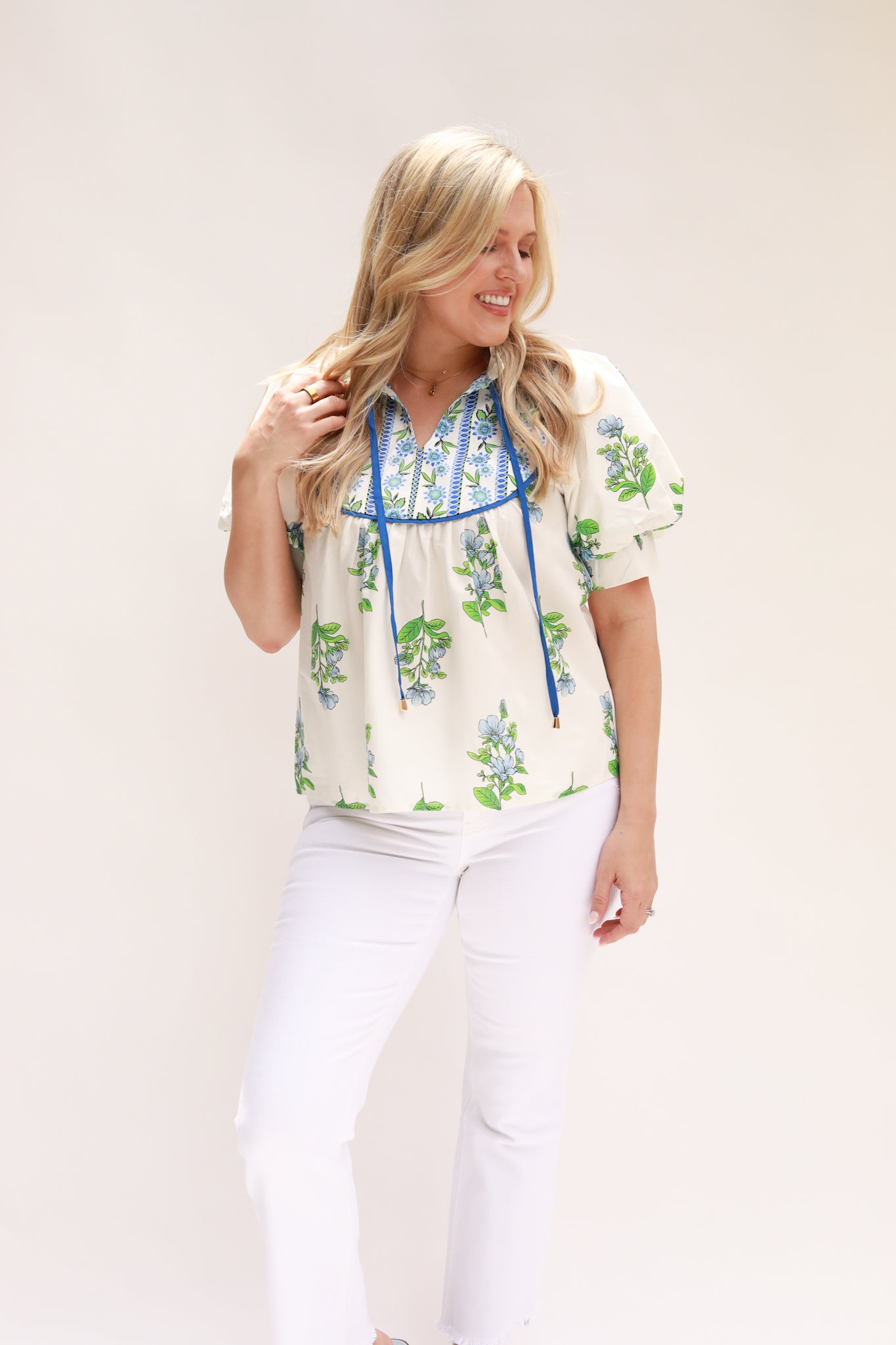 Mix Print Tie Neck Top