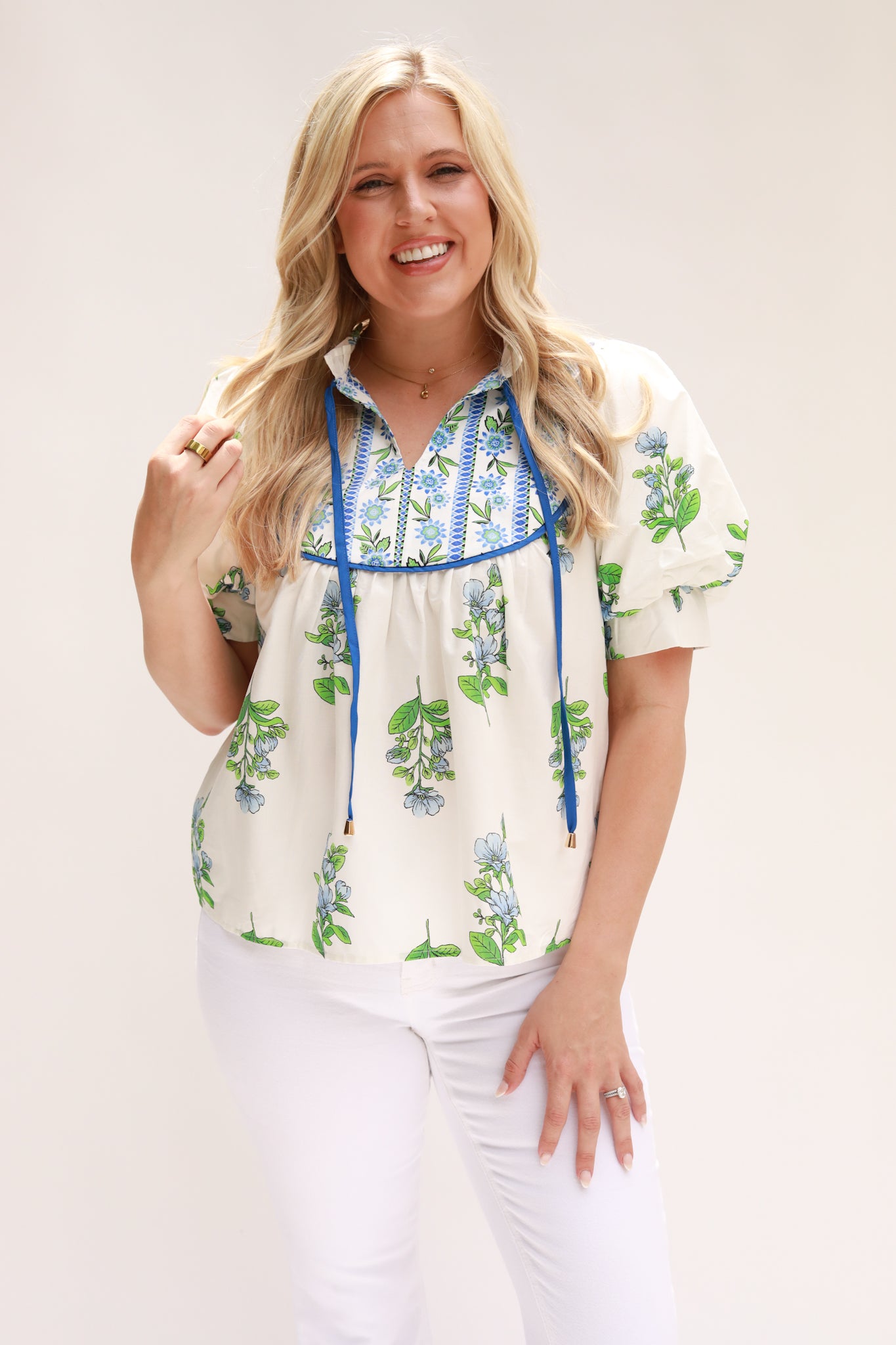 Mix Print Tie Neck Top