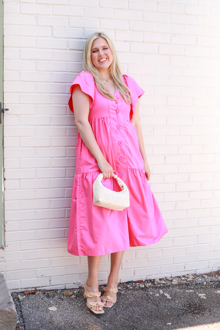 Solid Button Front Midi