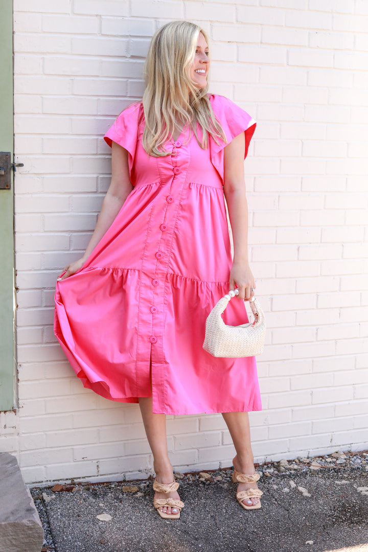 Solid Button Front Midi