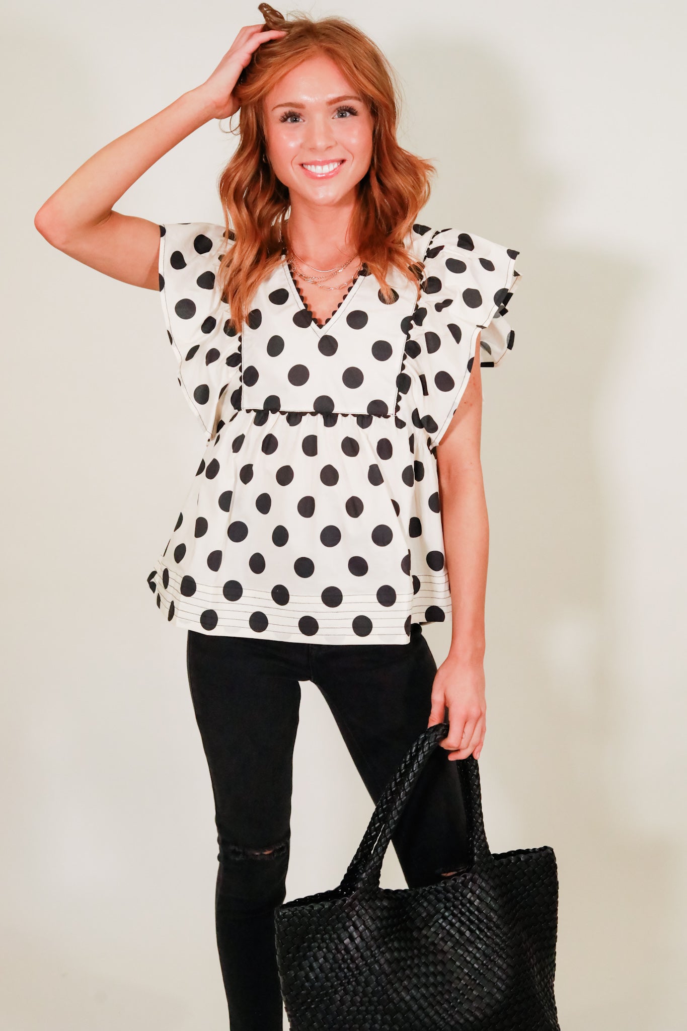 Square Yoke Polka Dot Top