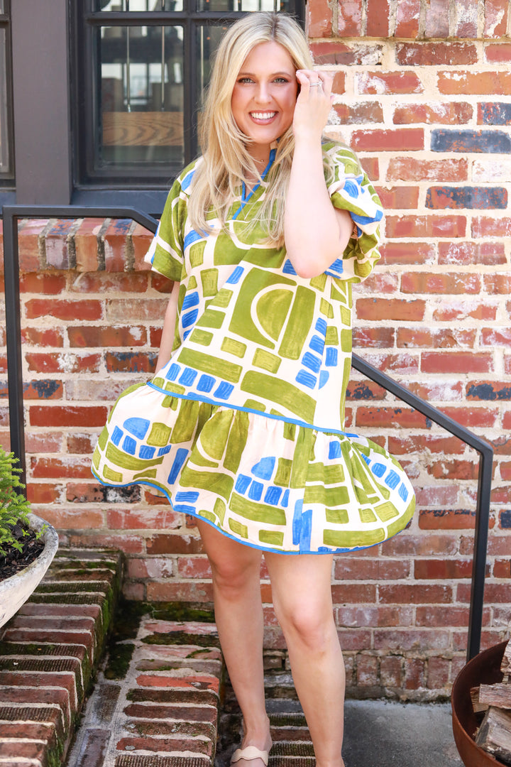 Abstract Print Puff Sleeve Dress