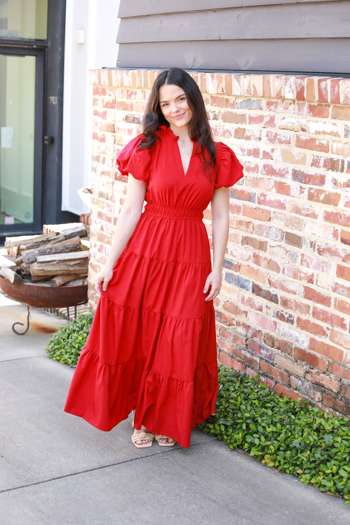 Tiered Puff Sleeve Midi Dress