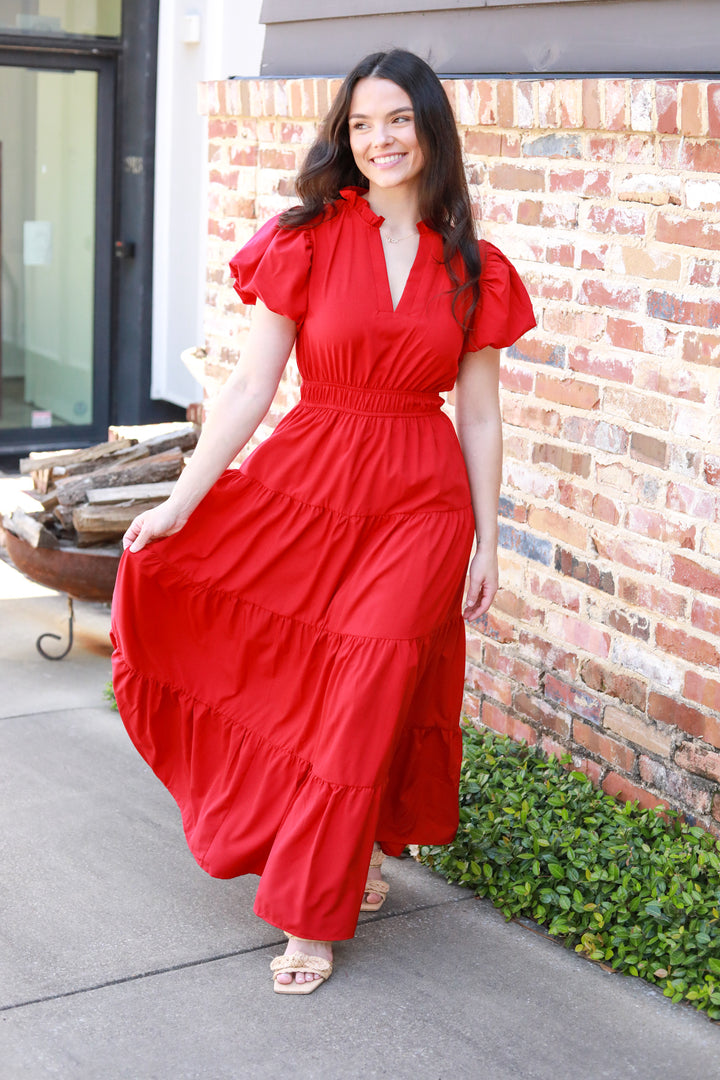 Tiered Puff Sleeve Midi Dress