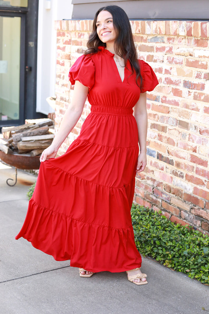 Tiered Puff Sleeve Midi Dress
