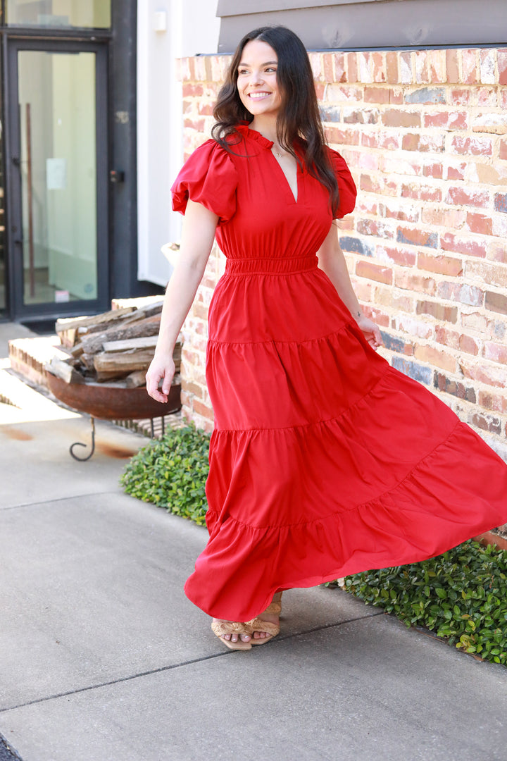 Tiered Puff Sleeve Midi Dress
