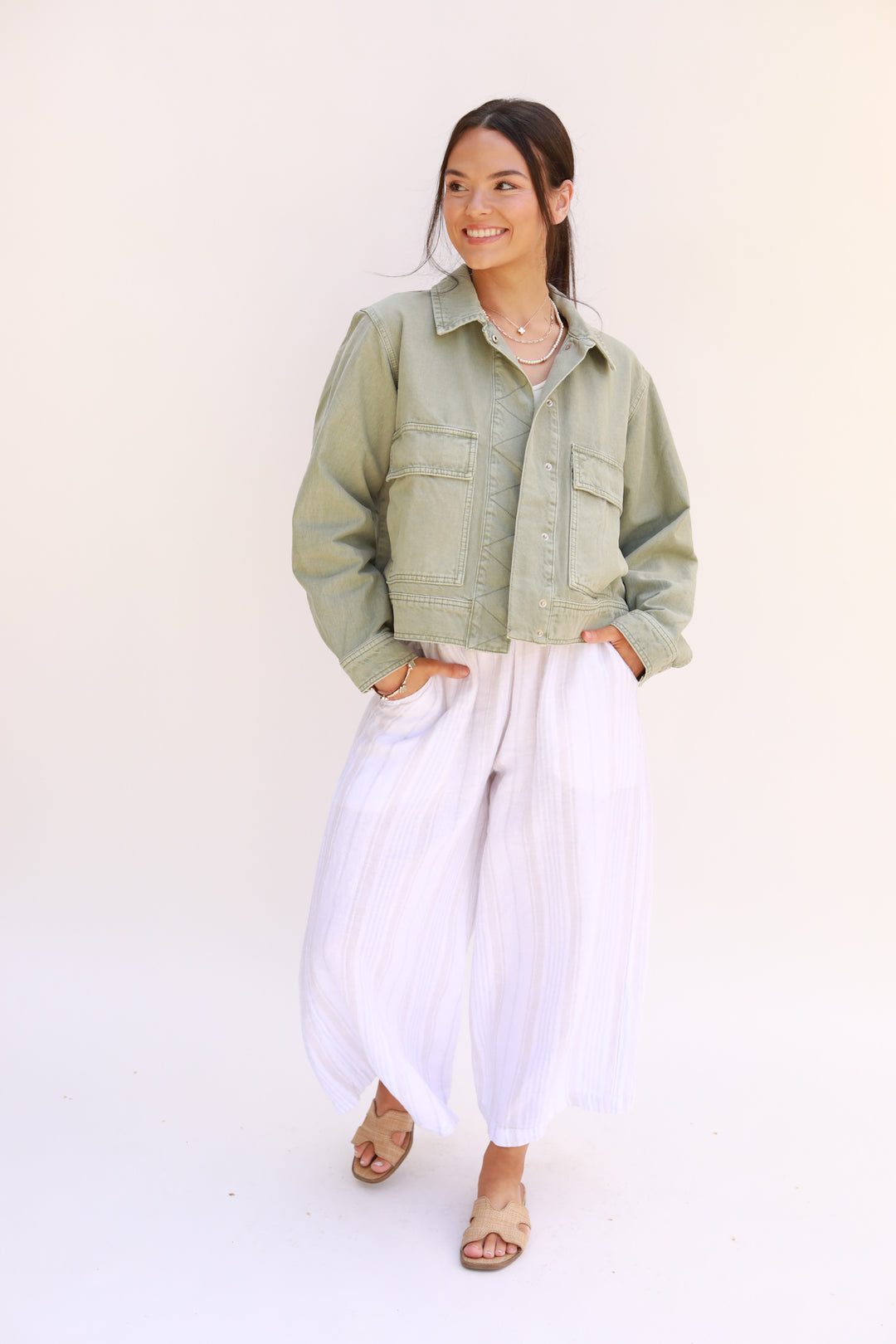 Tonal Stripe Cropped Linen Pant