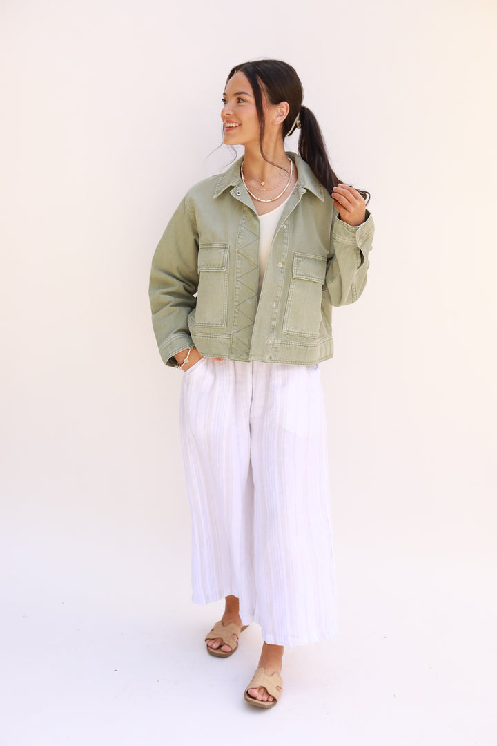 Tonal Stripe Cropped Linen Pant