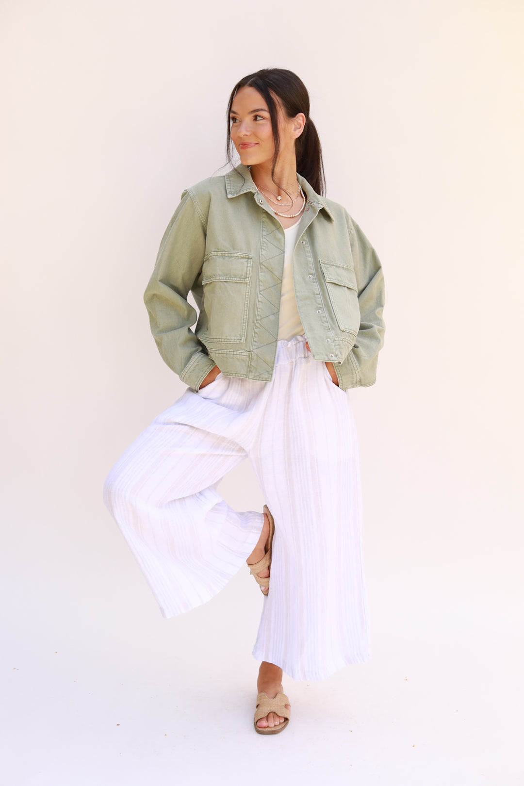 Tonal Stripe Cropped Linen Pant