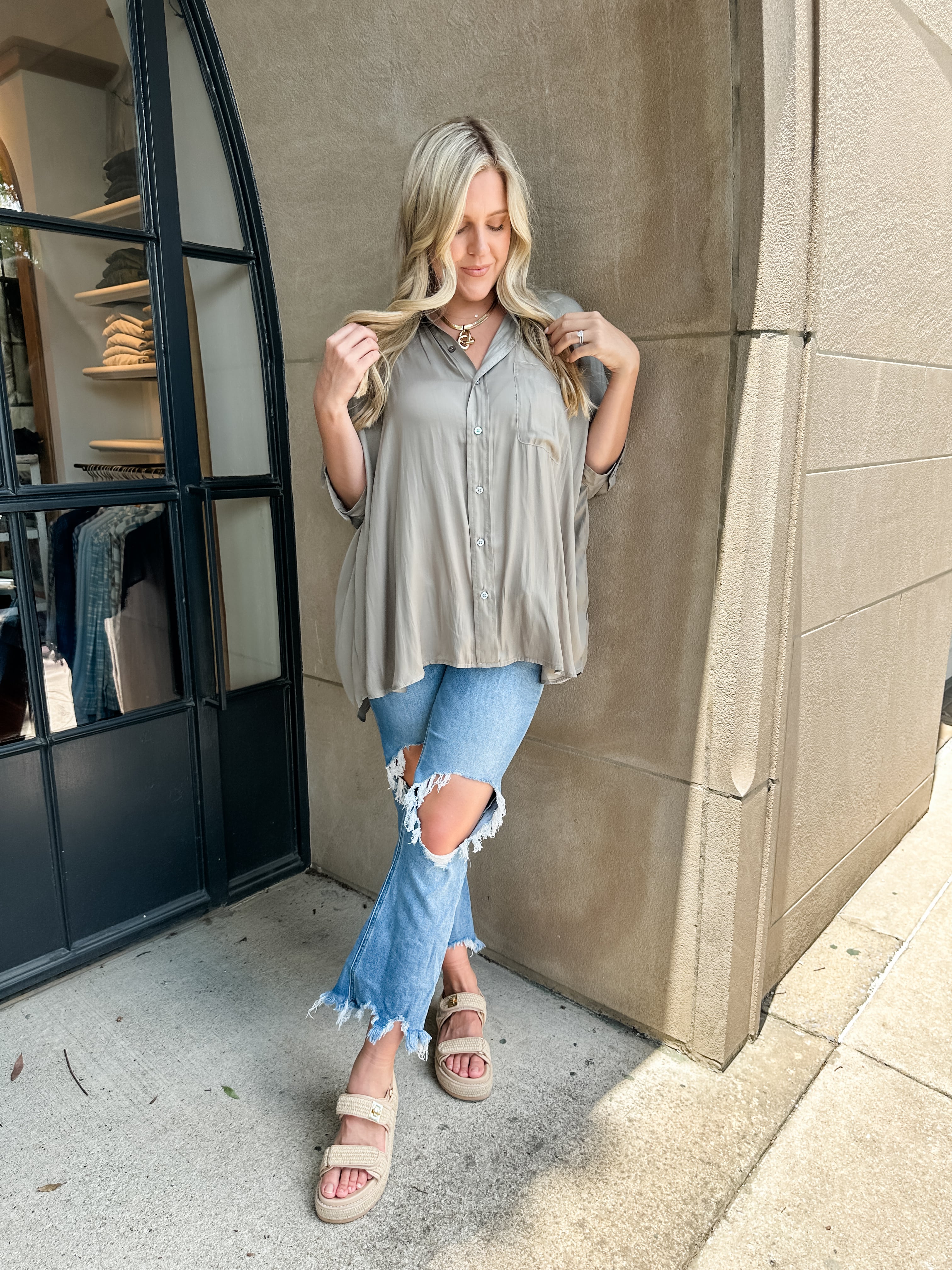 One Pocket Silky Button Down Top