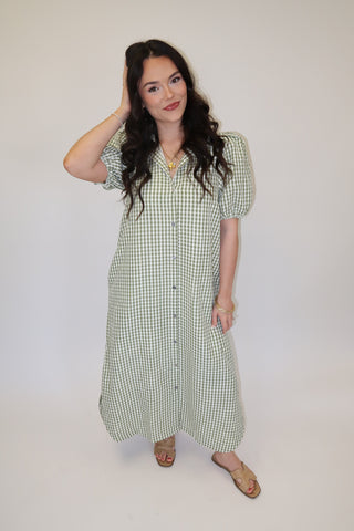Sweet Magnolia Check Print Midi Dress MATCHA / Medium Sweet Magnolia Check Print Midi Dress MATCHA / Medium