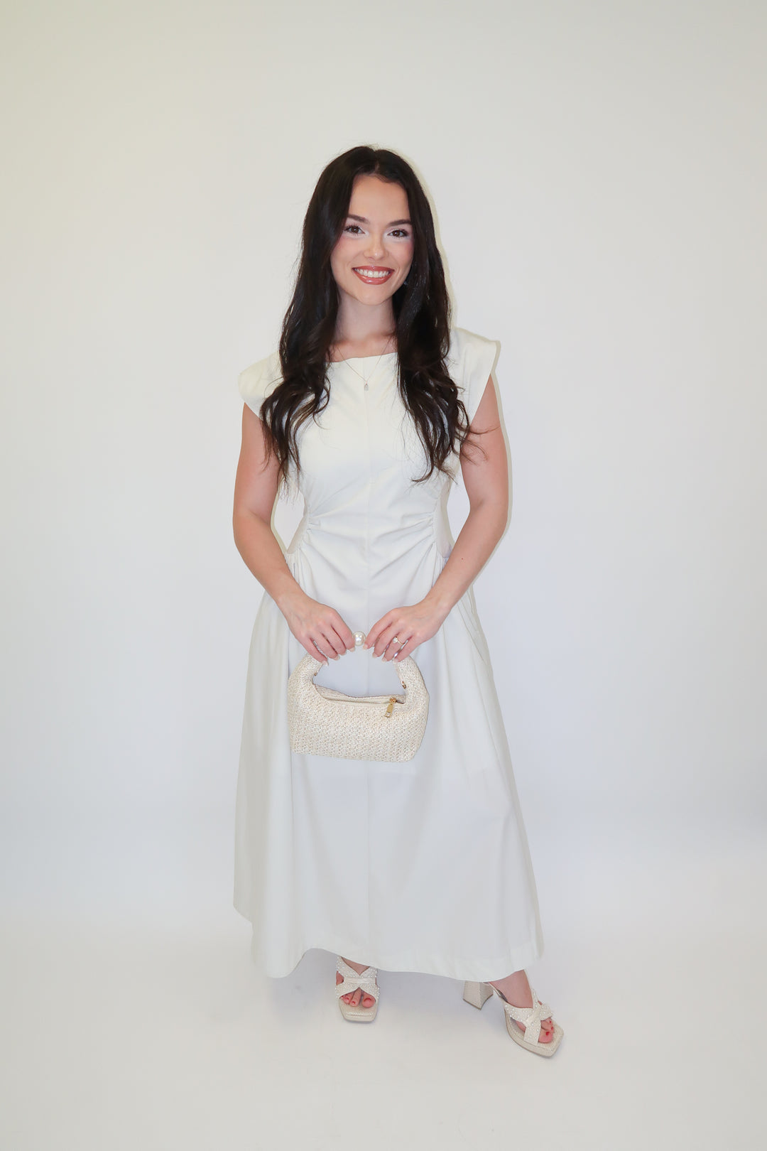 Keep It Sleek Off White Fitted Waist Midi Dress - The Pink Tulip Clothing