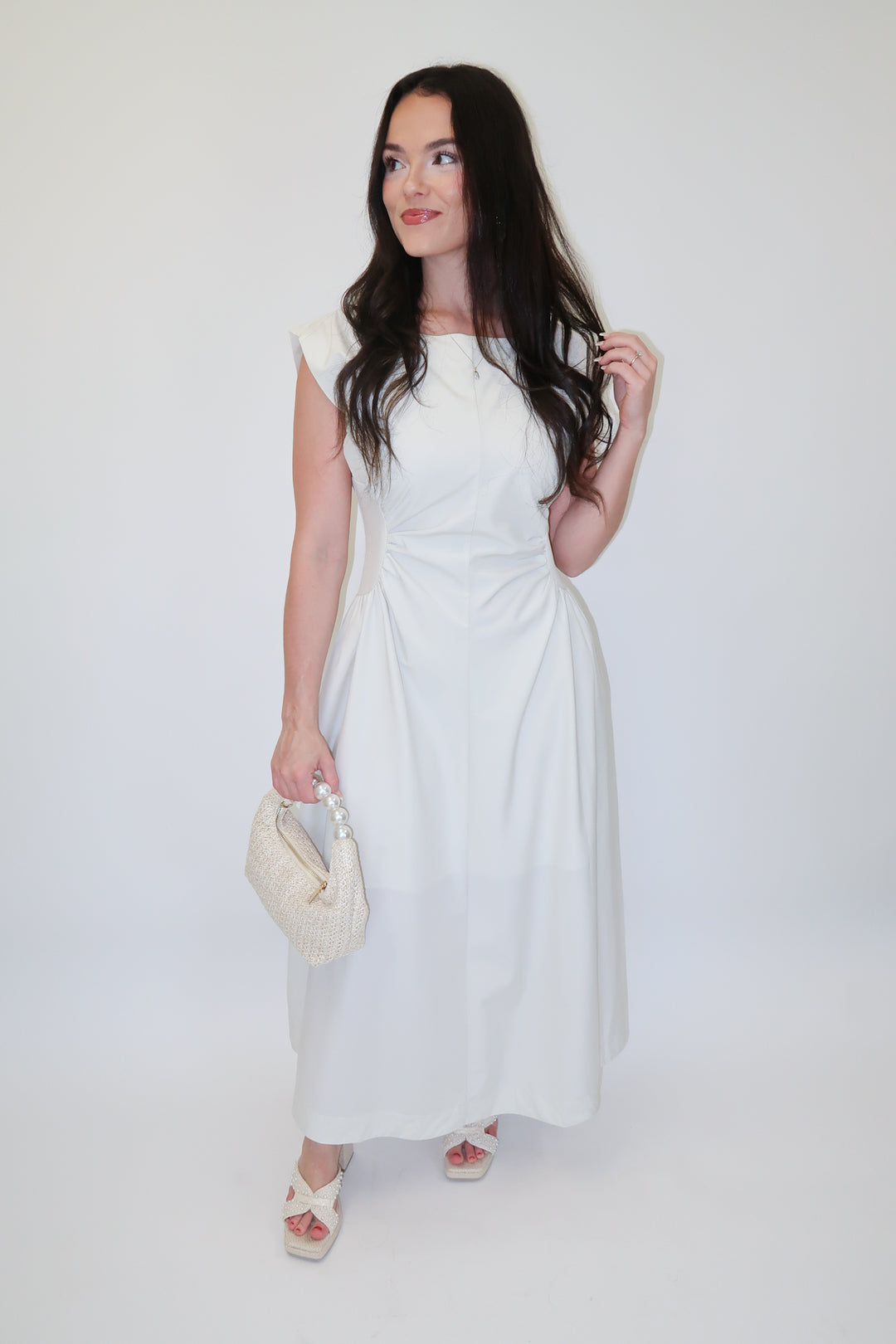 Keep It Sleek Off White Fitted Waist Midi Dress - The Pink Tulip Clothing