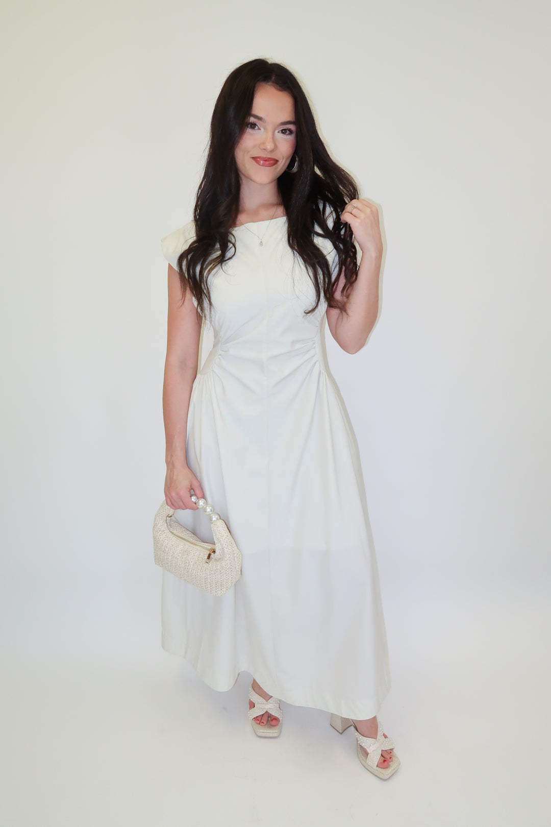 Keep It Sleek Off White Fitted Waist Midi Dress - The Pink Tulip Clothing