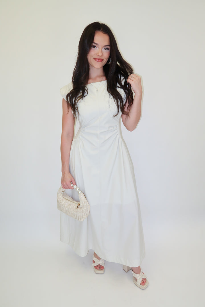 Keep It Sleek Off White Fitted Waist Midi Dress - The Pink Tulip Clothing