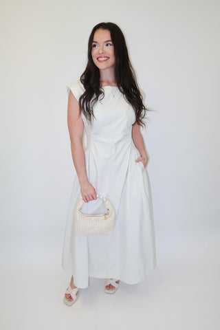 Keep It Sleek Off White Fitted Waist Midi Dress - The Pink Tulip Clothing