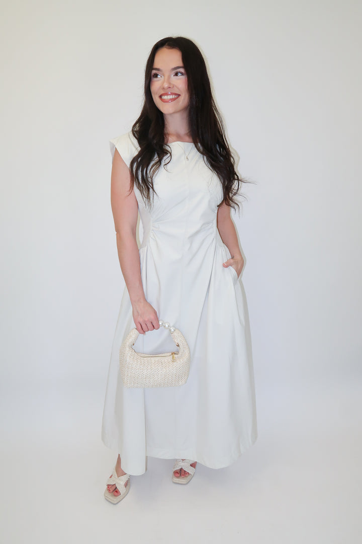 Keep It Sleek Off White Fitted Waist Midi Dress - The Pink Tulip Clothing