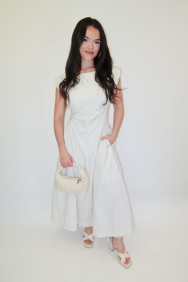 Keep It Sleek Off White Fitted Waist Midi Dress - The Pink Tulip Clothing