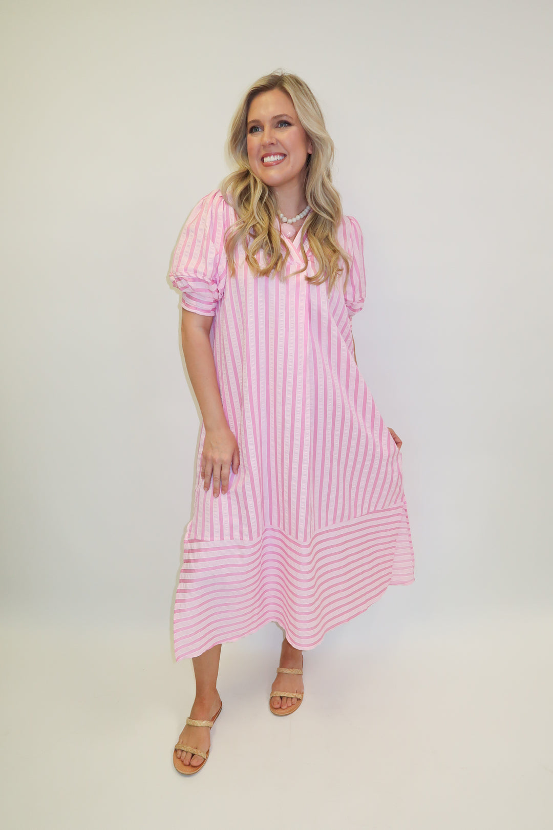 Day Maker Pink Stripe Collared Midi Dress
