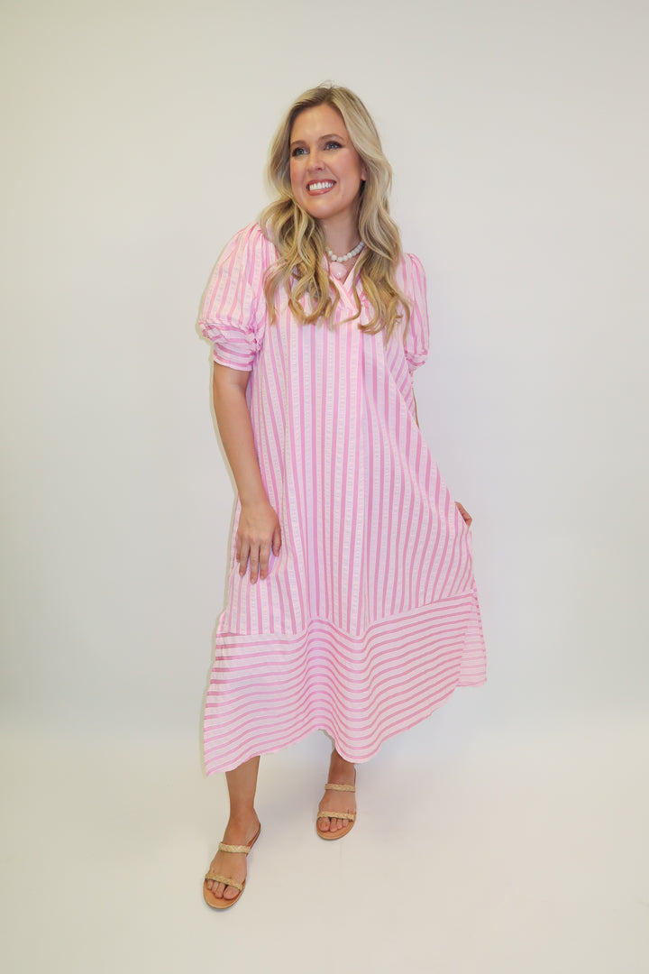 Day Maker Pink Stripe Collared Midi Dress