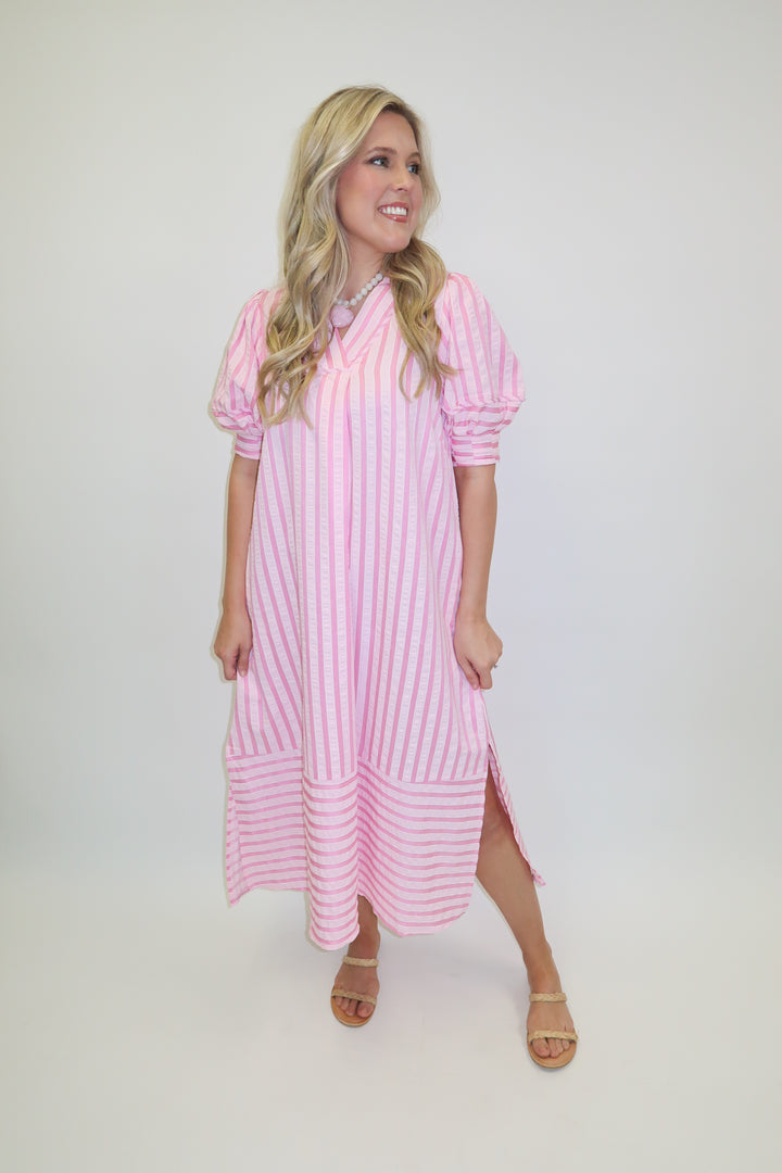 Day Maker Pink Stripe Collared Midi Dress