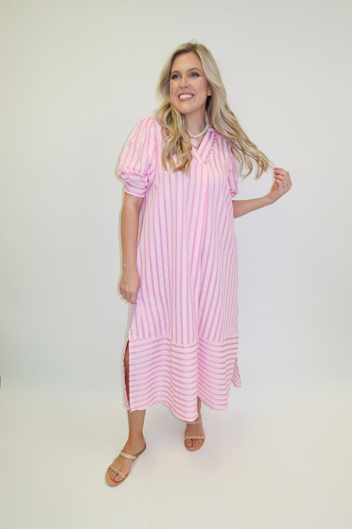 Day Maker Pink Stripe Collared Midi Dress