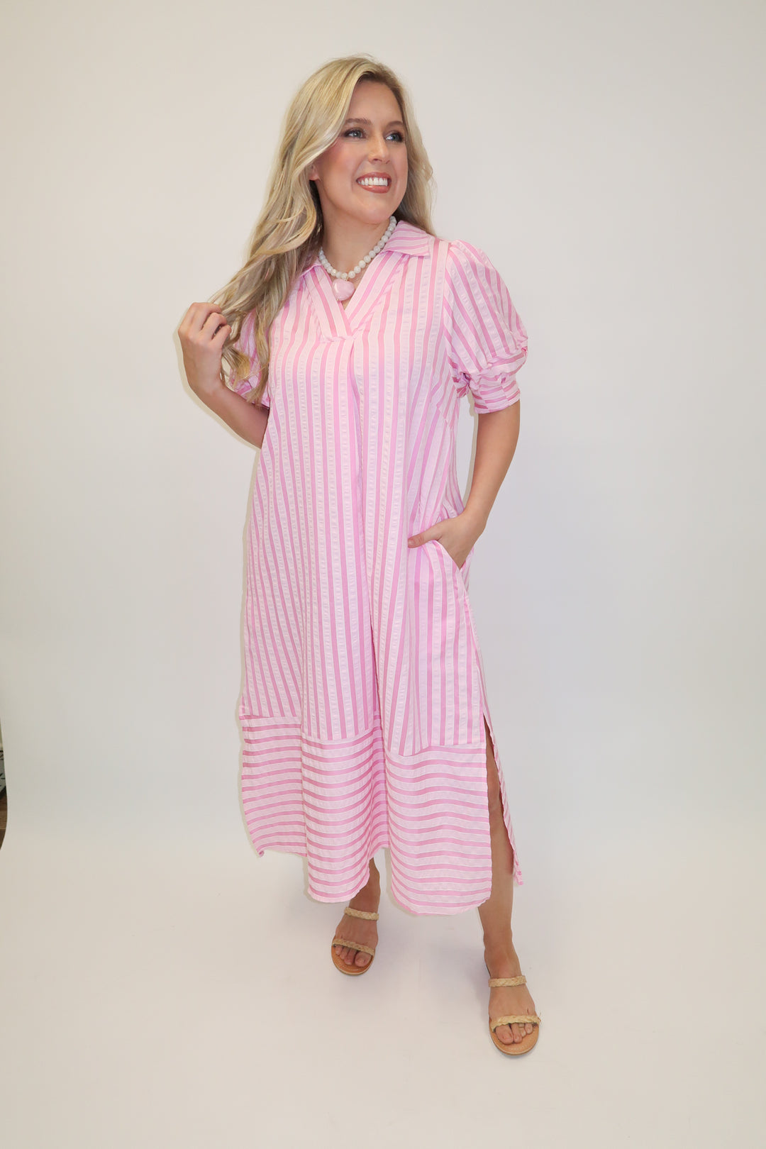 Day Maker Pink Stripe Collared Midi Dress