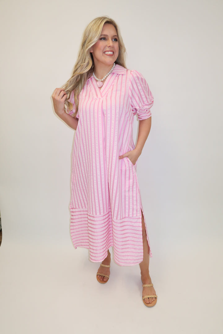 Day Maker Pink Stripe Collared Midi Dress