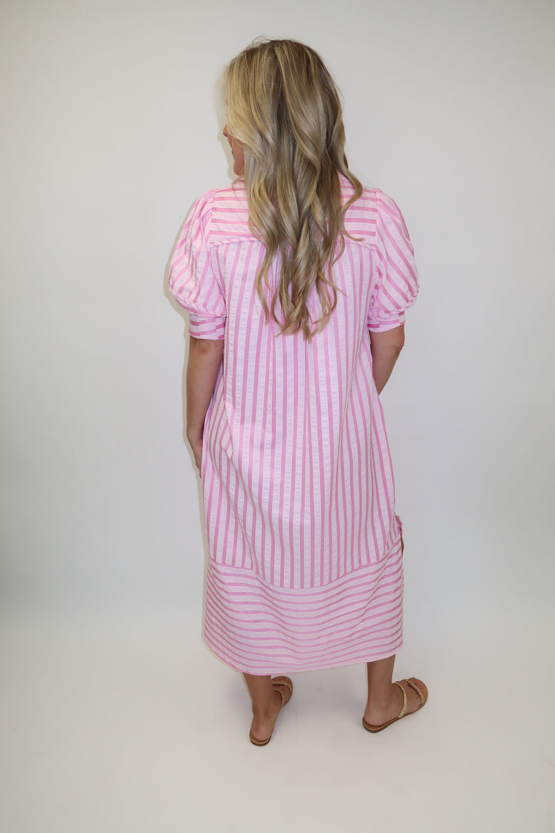 Day Maker Pink Stripe Collared Midi Dress