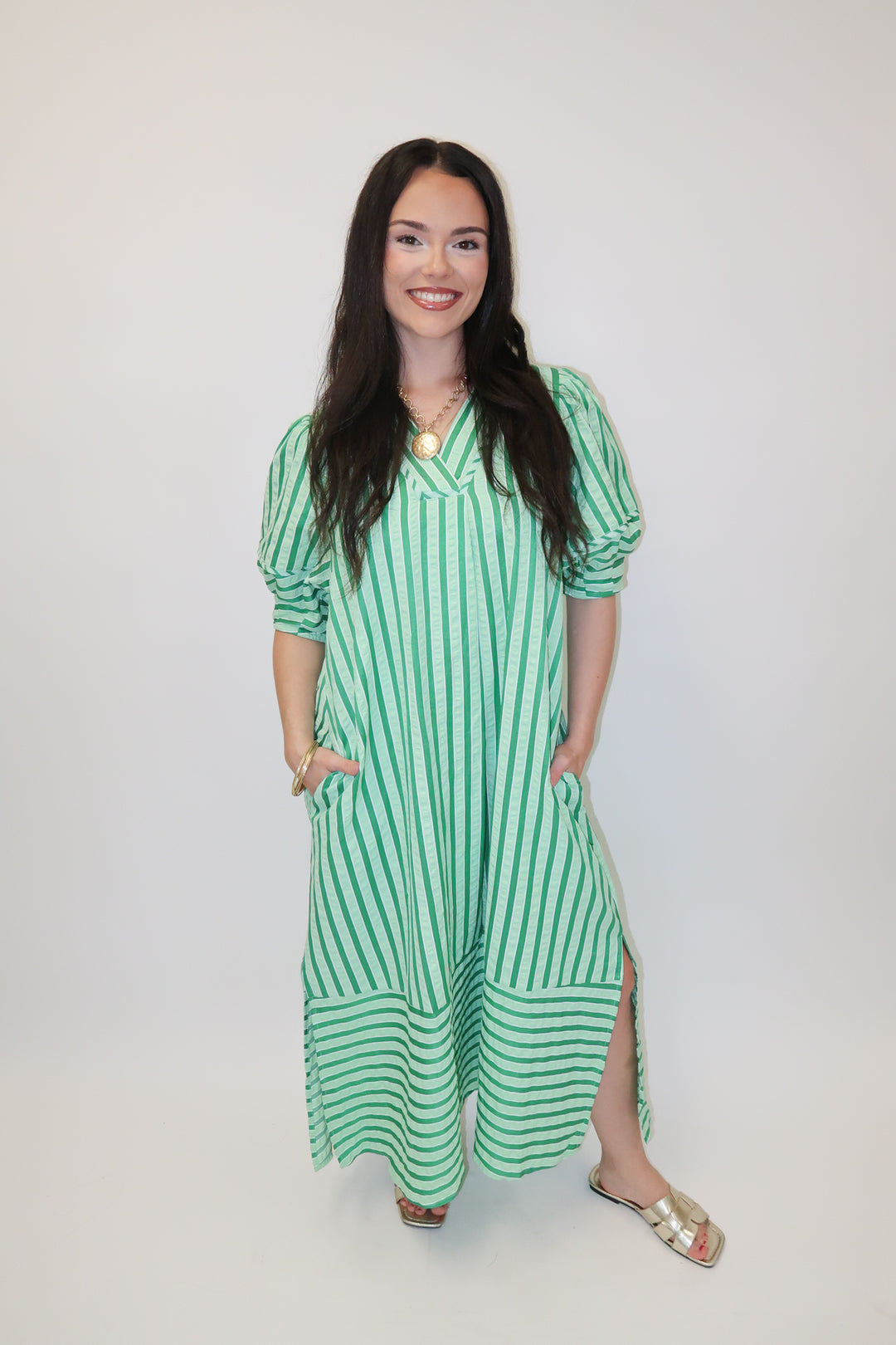 Day Maker Green Stripe Collared Midi Dress - The Pink Tulip Clothing