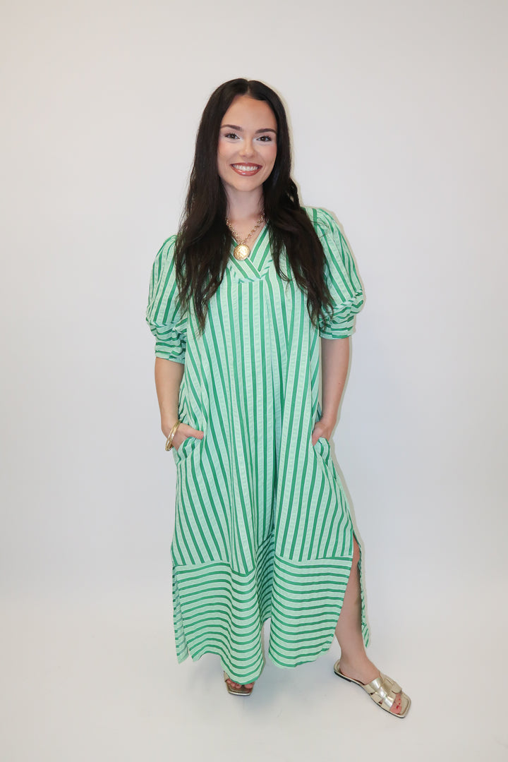 Day Maker Green Stripe Collared Midi Dress - The Pink Tulip Clothing