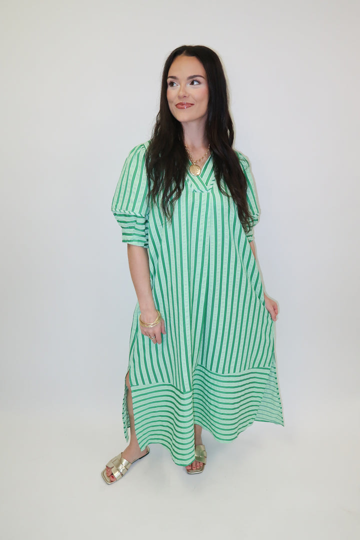 Day Maker Green Stripe Collared Midi Dress - The Pink Tulip Clothing