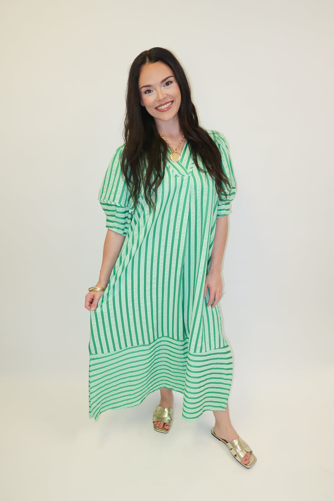 Day Maker Green Stripe Collared Midi Dress - The Pink Tulip Clothing