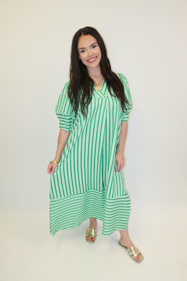 Day Maker Green Stripe Collared Midi Dress - The Pink Tulip Clothing
