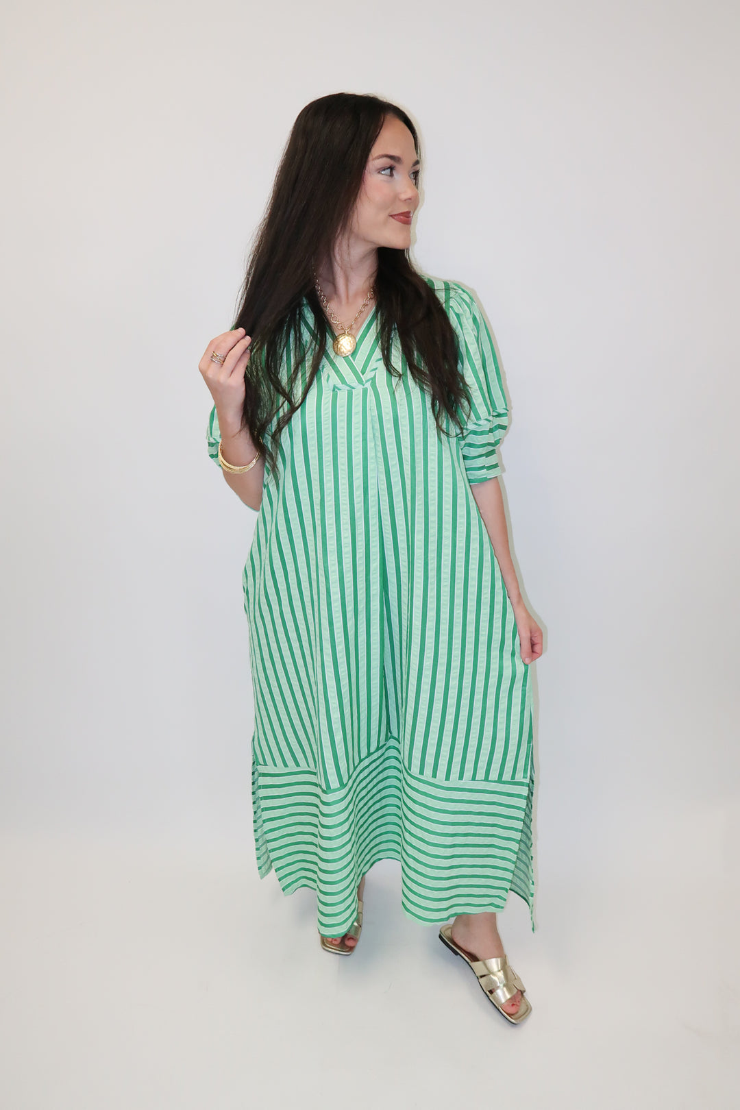 Day Maker Green Stripe Collared Midi Dress - The Pink Tulip Clothing