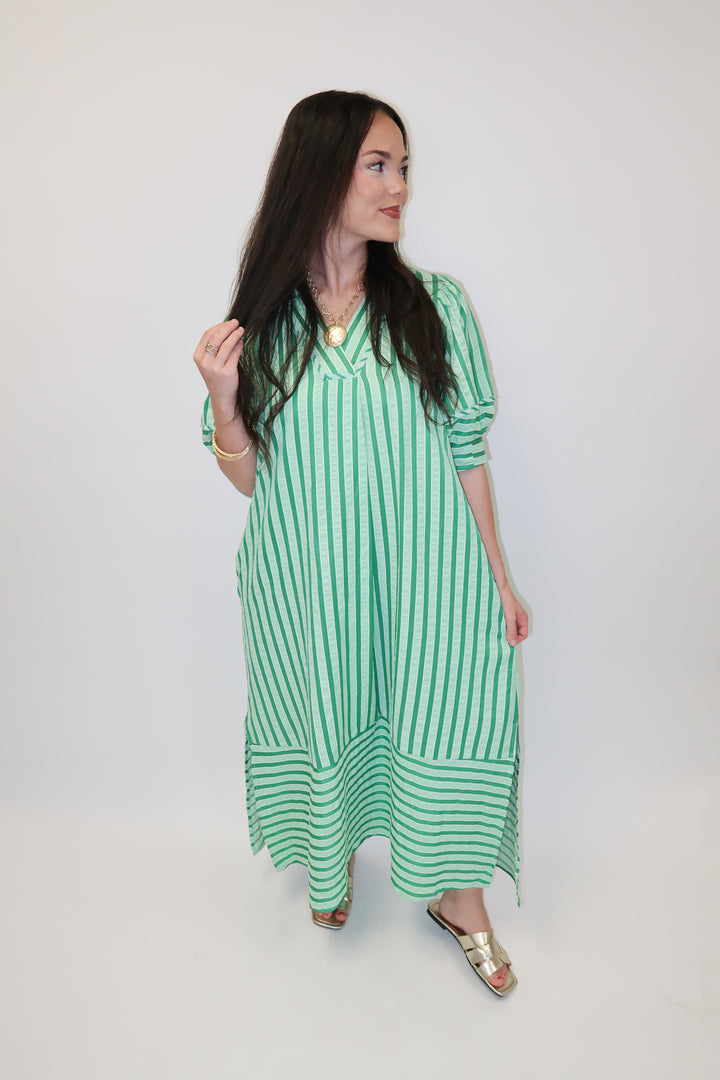 Day Maker Green Stripe Collared Midi Dress - The Pink Tulip Clothing