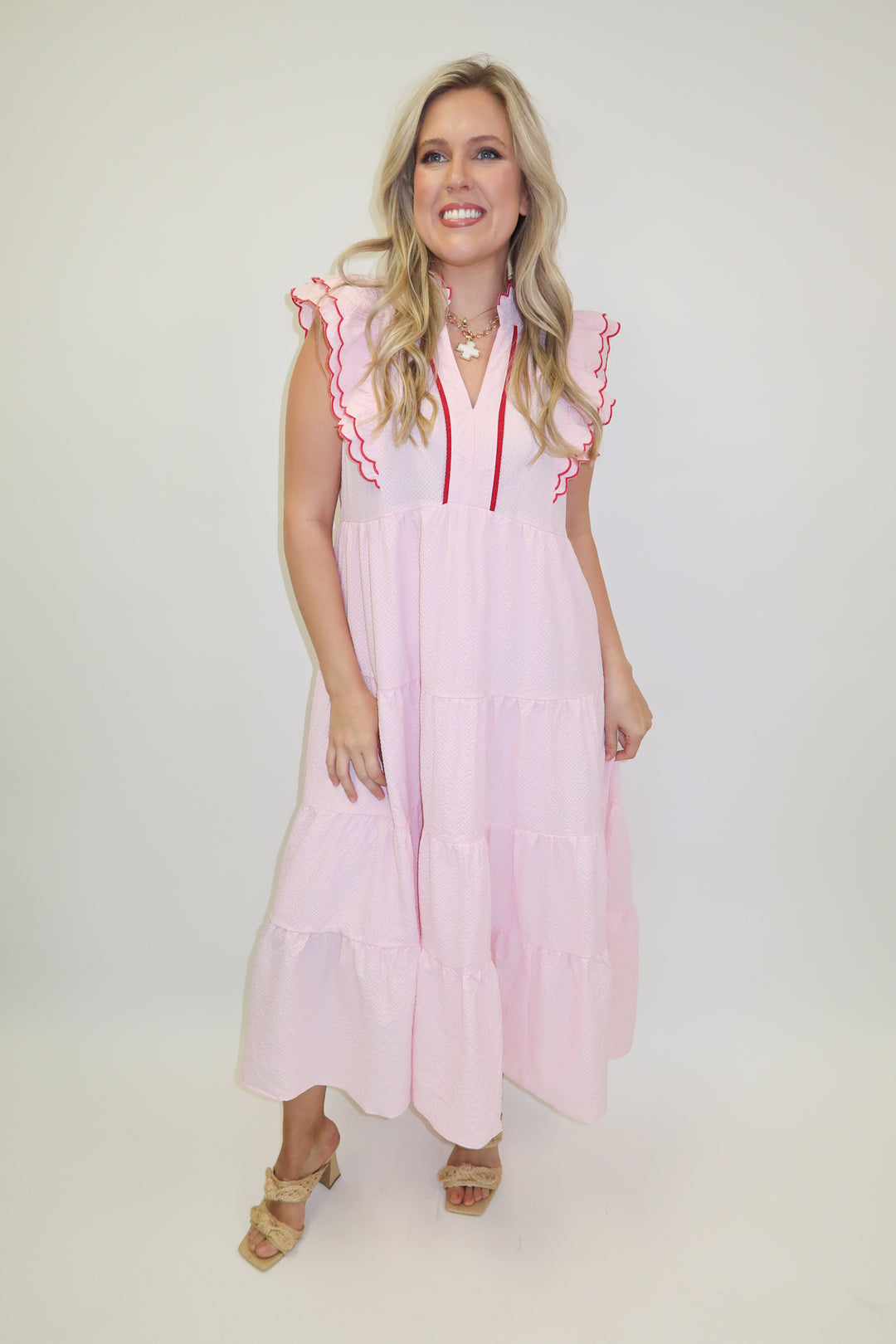 Made for This Pucker Flutter Sleeve Tiered Midi Dress