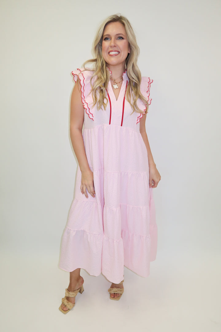 Made for This Pucker Flutter Sleeve Tiered Midi Dress