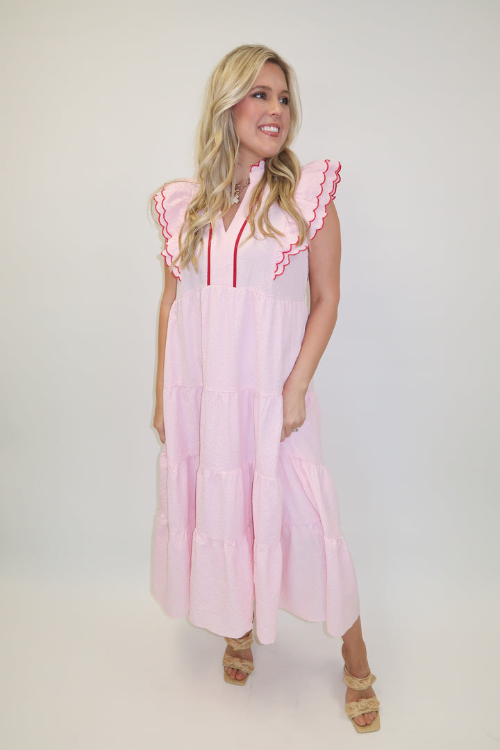 Made for This Pucker Flutter Sleeve Tiered Midi Dress