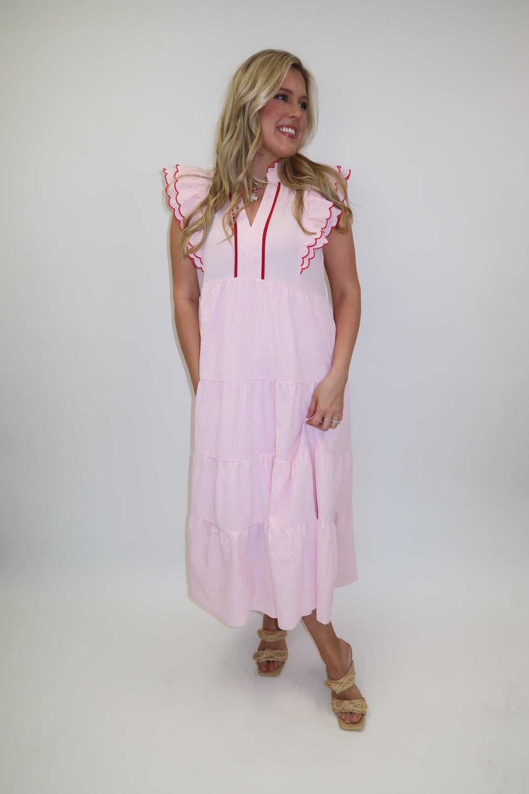 Made for This Pucker Flutter Sleeve Tiered Midi Dress