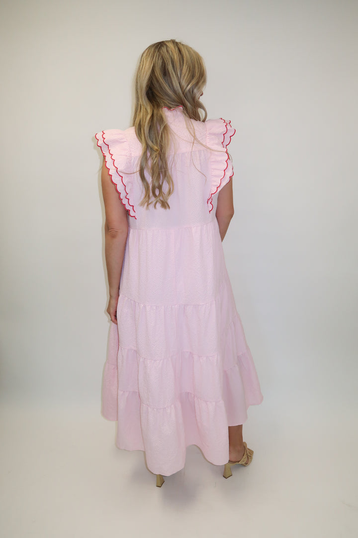 Made for This Pucker Flutter Sleeve Tiered Midi Dress