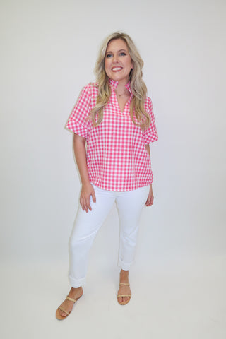 Check This Out Pink Gingham Ruffle Neck Blouse - The Pink Tulip Clothing