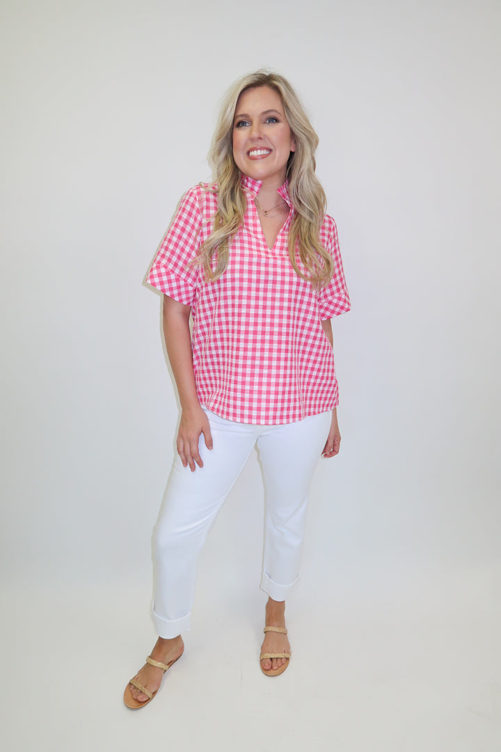 Check This Out Pink Gingham Ruffle Neck Blouse