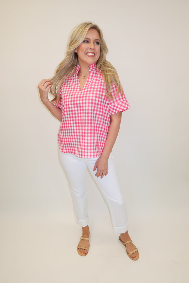 Check This Out Pink Gingham Ruffle Neck Blouse