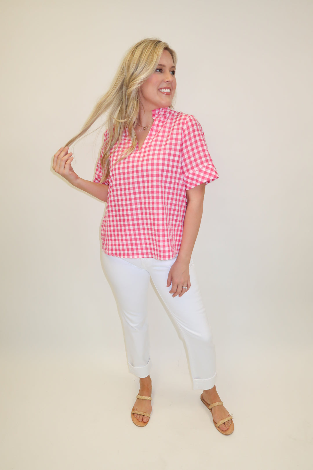 Check This Out Pink Gingham Ruffle Neck Blouse