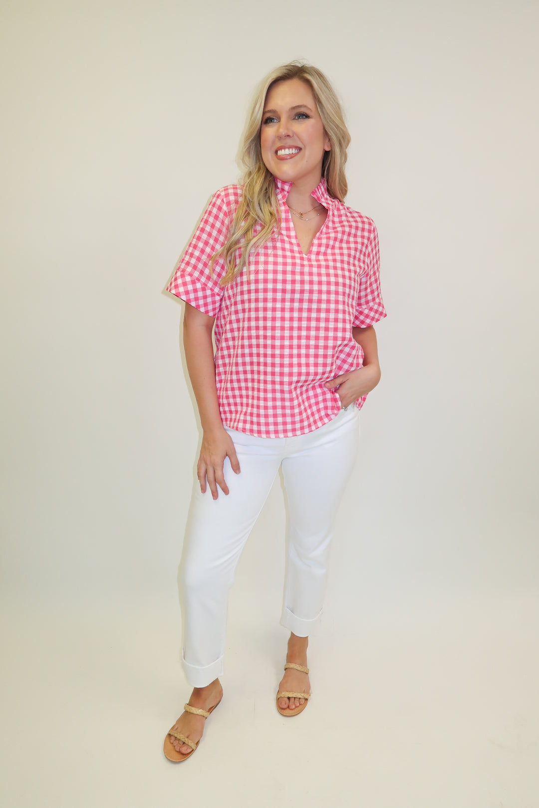 Check This Out Pink Gingham Ruffle Neck Blouse