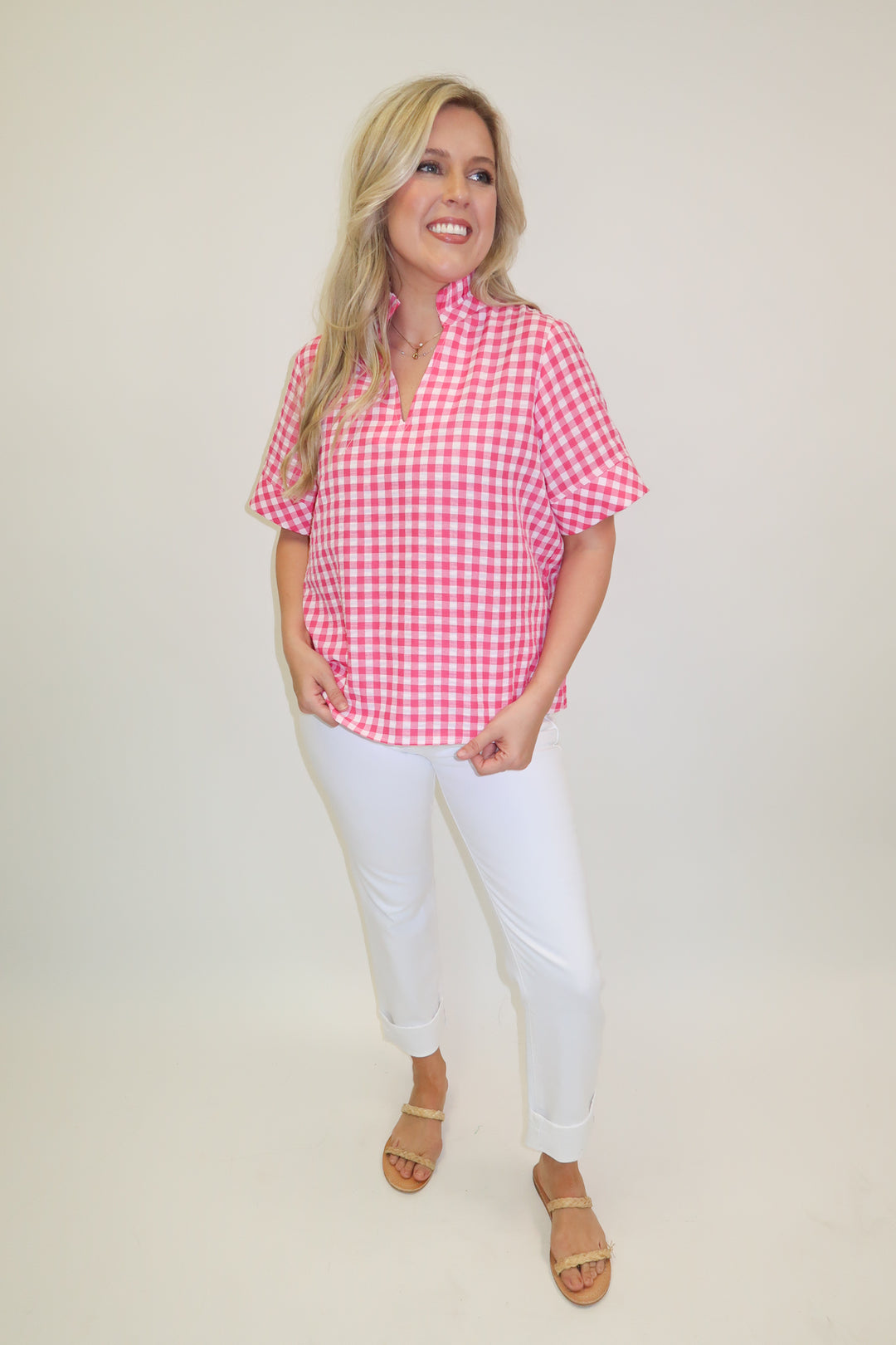 Check This Out Pink Gingham Ruffle Neck Blouse
